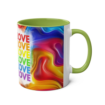 Vibrant LGBTQ+ Pride mug with rainbow design and "LOVE" text, 11oz ceramic, green interior handle.