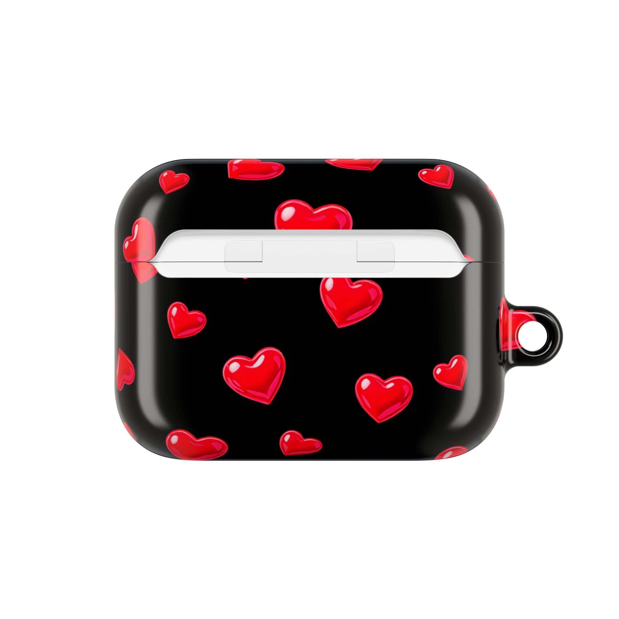 Black protective AirPods case with vibrant red hearts pattern and glossy finish