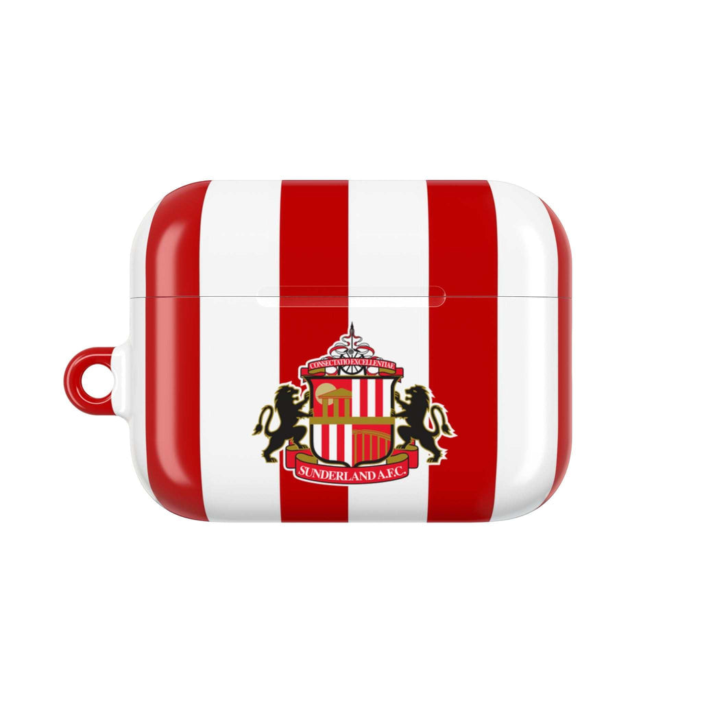 Sunderland FC AirPods protective case with red and white stripes and club crest, shock-resistant and wireless charging compatible