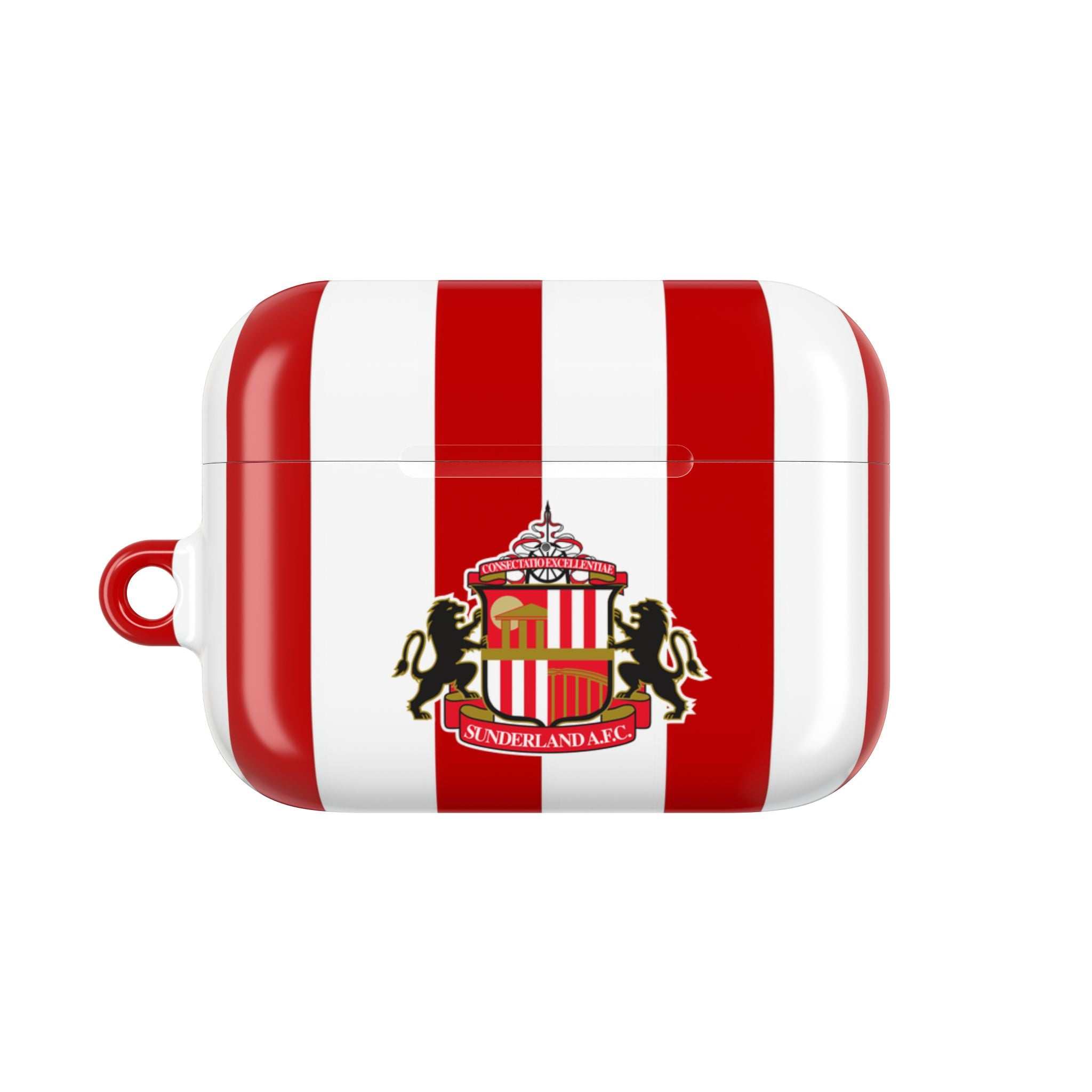 Sunderland FC AirPods protective case with red and white stripes and club crest, shock-resistant and wireless charging compatible