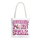 Retired Porn Star Tote Bag with cheeky design, durable spun polyester, multiple sizes and handle colors, perfect for errands and casual outings