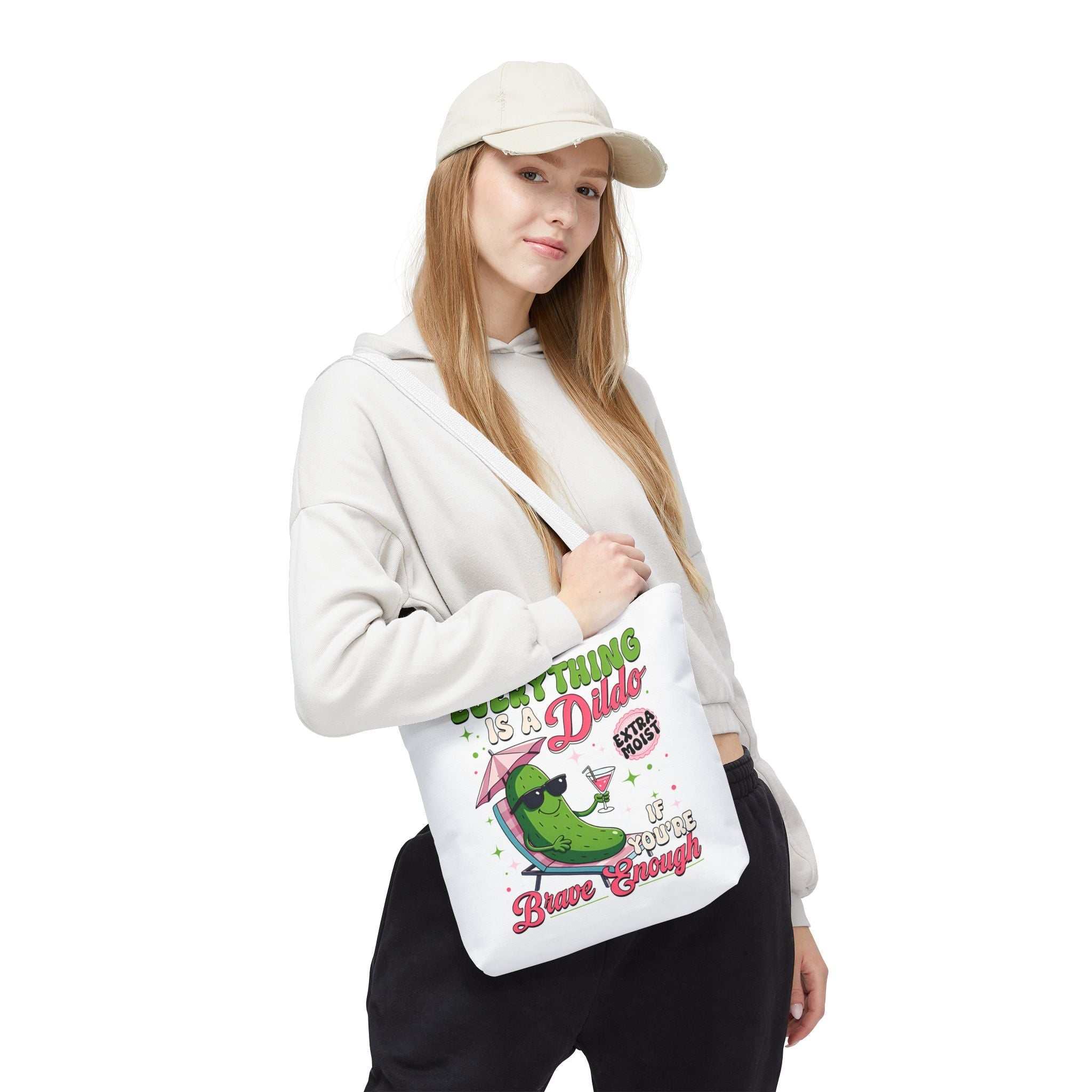 Cheeky Quote Pickle Tote Bag with fun design, durable polyester, multiple sizes and handle colors