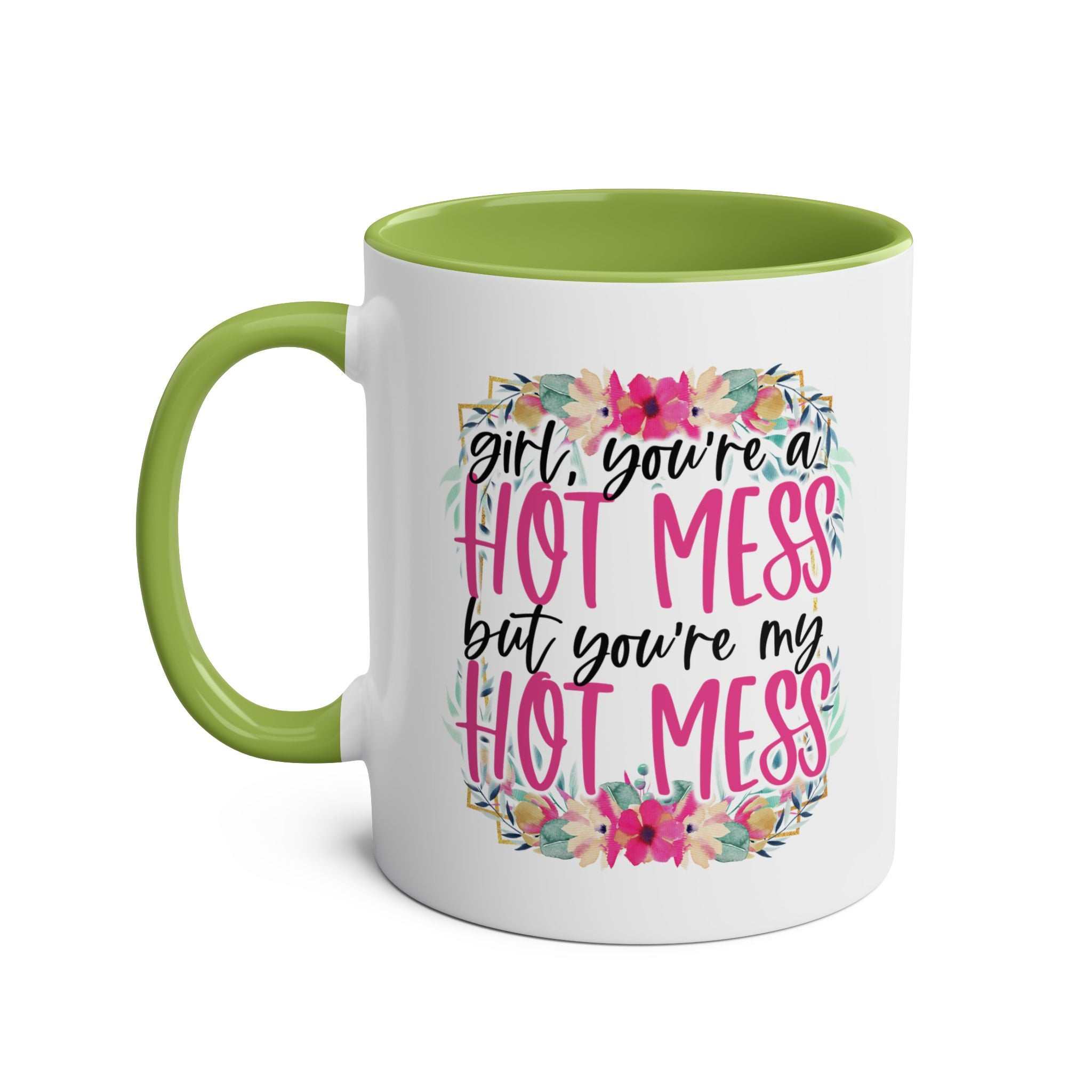 Hot Mess Coffee Mug with floral design, green handle, and cheeky text.