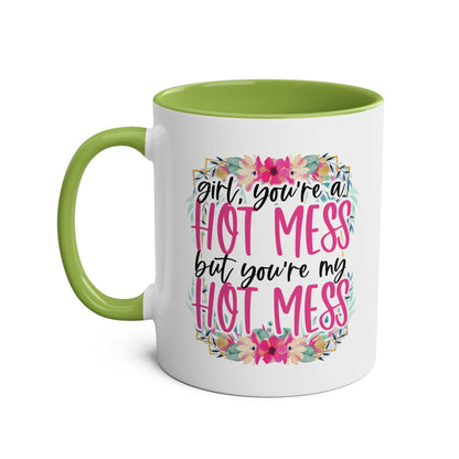 Hot Mess Coffee Mug with floral design, green handle, and cheeky text.