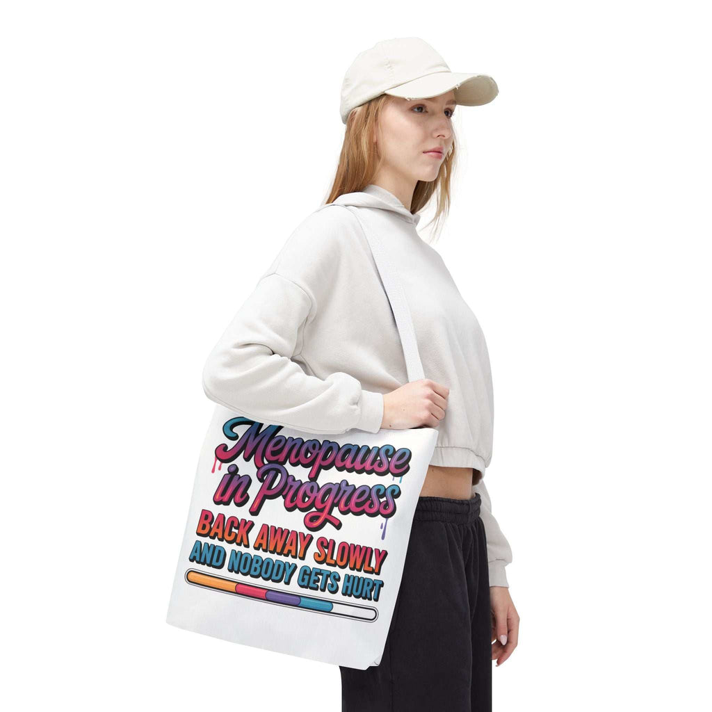 Cheeky Menopause in Progress tote bag with durable spun polyester and multiple handle color options