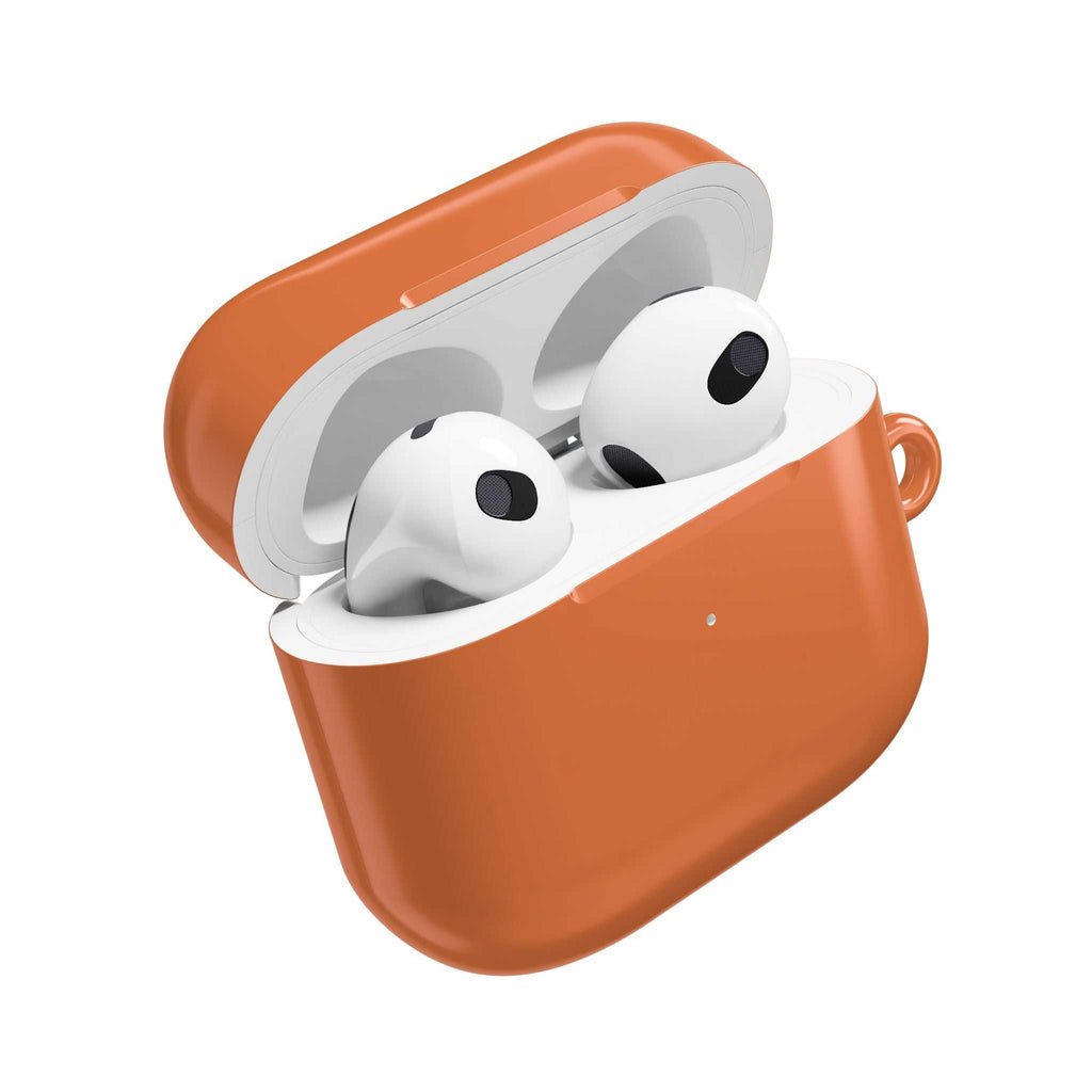 Bold orange hard shell protective case for AirPods and AirPods Pro with a glossy finish and wireless charging compatibility