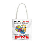 Funny Minion tote bag with cheeky printed design and colorful handles, available in three sizes