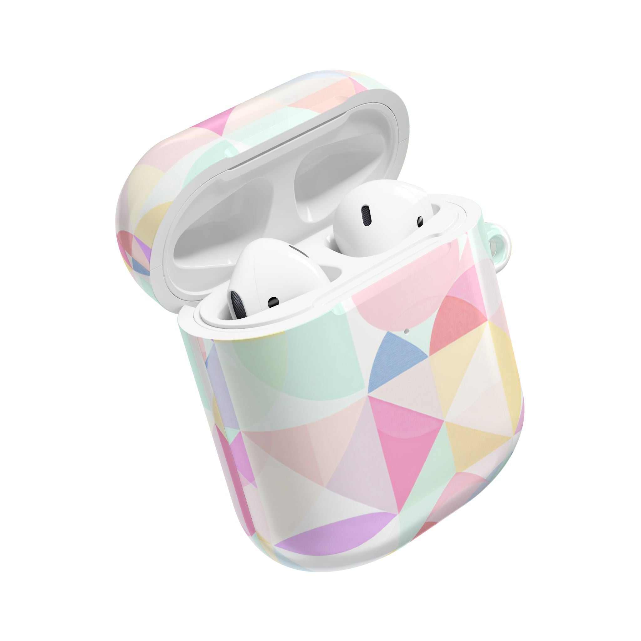 Pastel geometric print AirPods protective case with vibrant colors and glossy finish