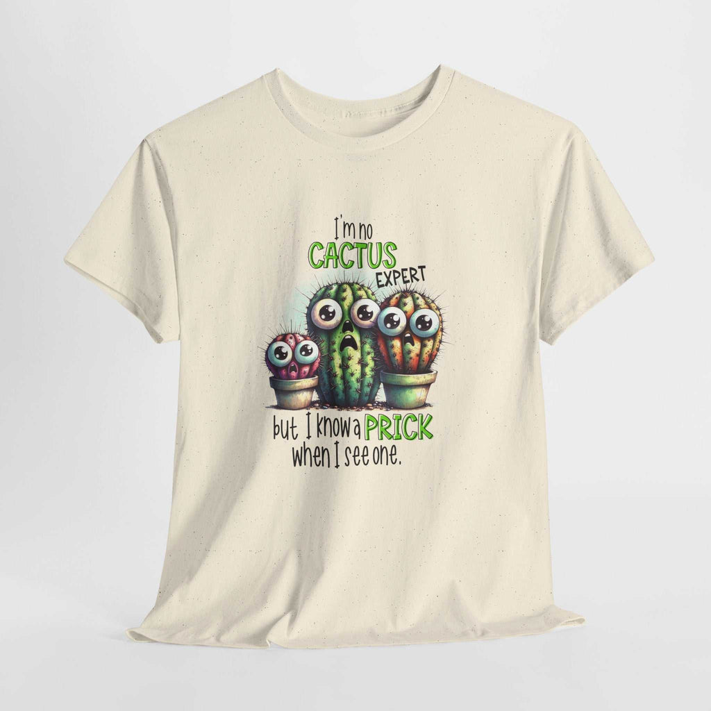 Cactus Expert Fun Graphic T-Shirt with cartoon cactus and humorous design on soft cotton tee