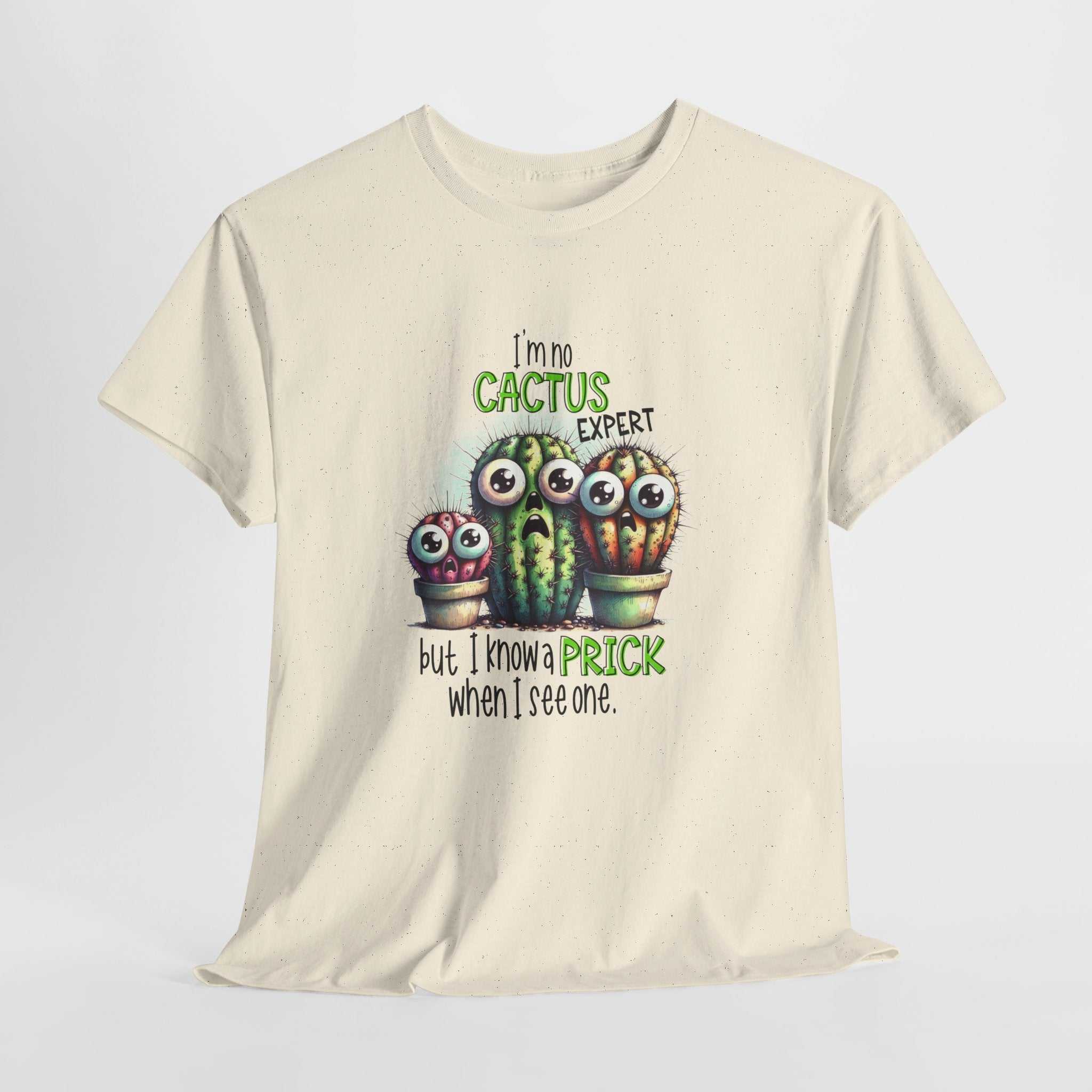 Cactus Expert Fun Graphic T-Shirt with cartoon cactus and humorous design on soft cotton tee
