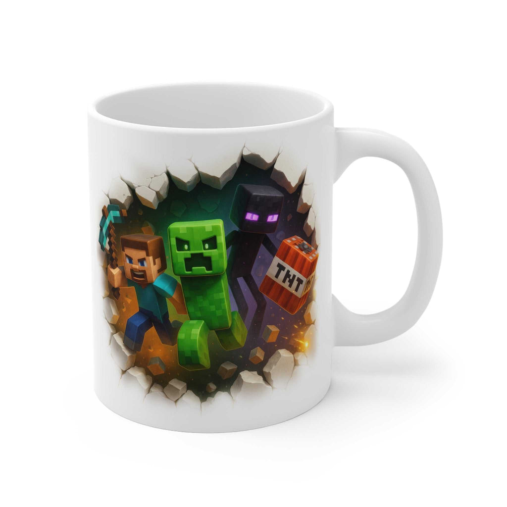 Minecraft themed mug featuring iconic game characters with glossy finish, 11oz ceramic, microwave and dishwasher safe.