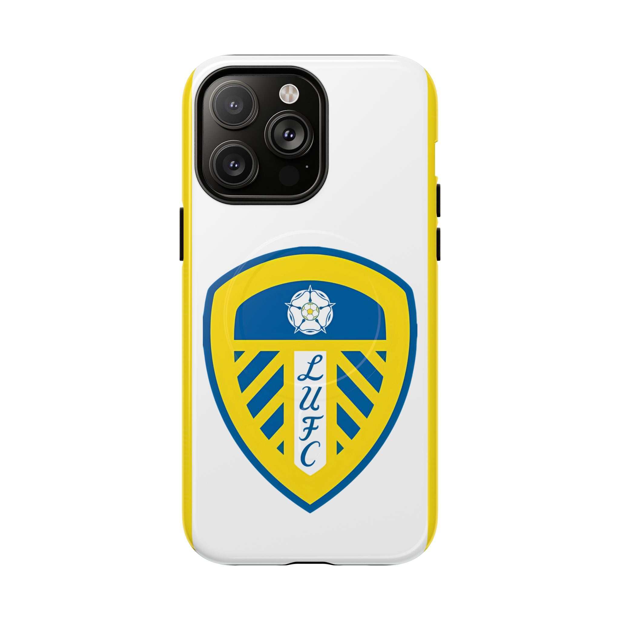 Leeds Utd Magsafe iPhone Case with club crest, white color, dual-layer protection, MagSafe compatible, slim and durable design
