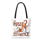 Fun stretching cat design tote bag with durable spun polyester and colorful handles