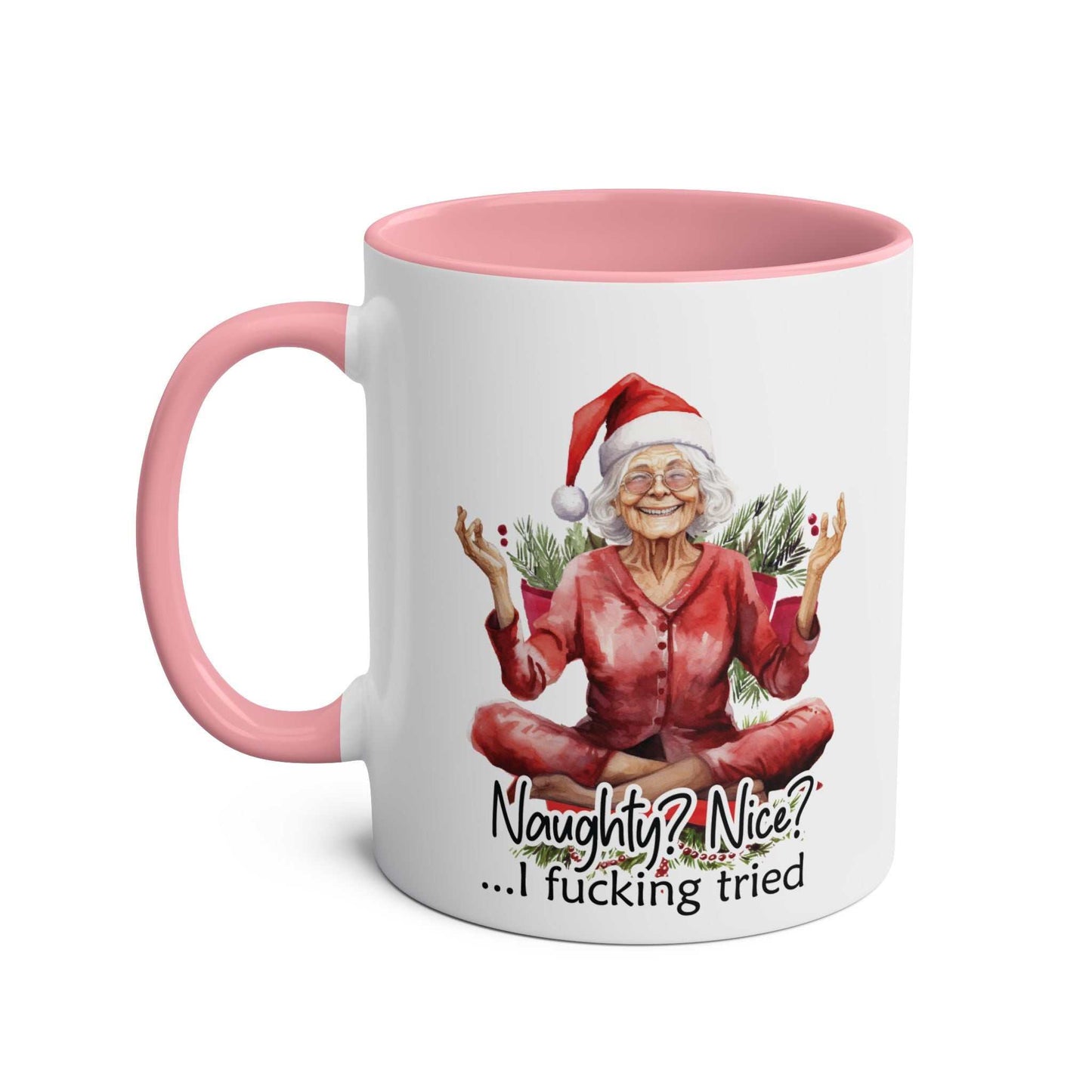 Festive Sweary Granny Christmas Mug with humorous design, 11oz ceramic, glossy finish, available in 7 colors.