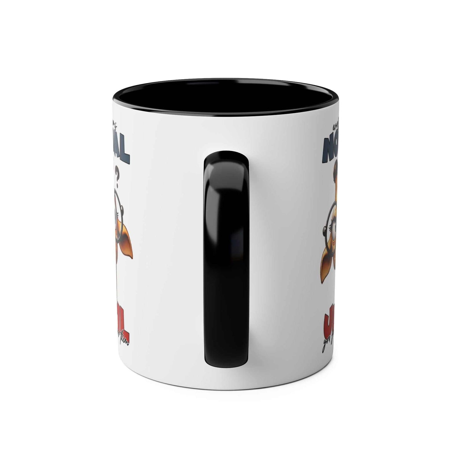 Everyones Normal Coffee Mug with playful giraffe design, glossy finish, and black handle.