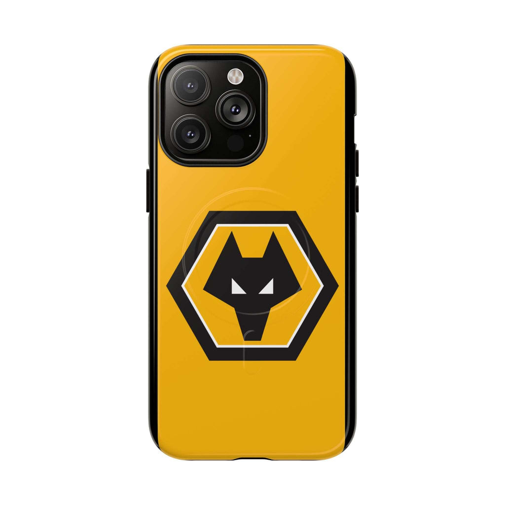 Wolves FC MagSafe iPhone case with gold black crest, dual-layer protection, and MagSafe compatibility
