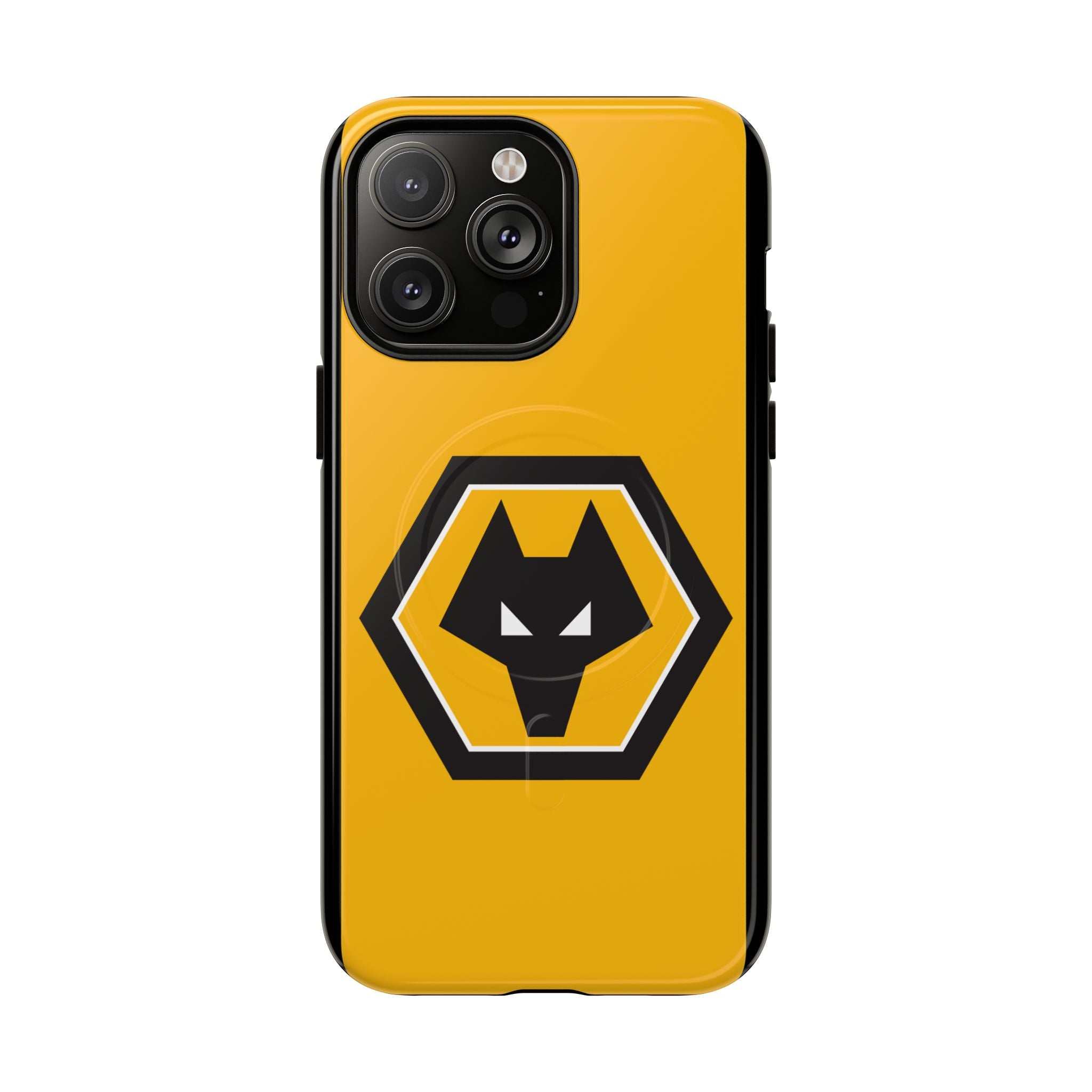 Wolves FC MagSafe iPhone case with gold black crest, dual-layer protection, and MagSafe compatibility