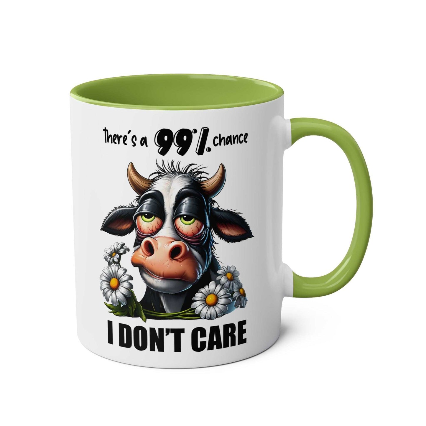 Sarky cow design on 'I Don't Care' coffee mug with green interior and handle.