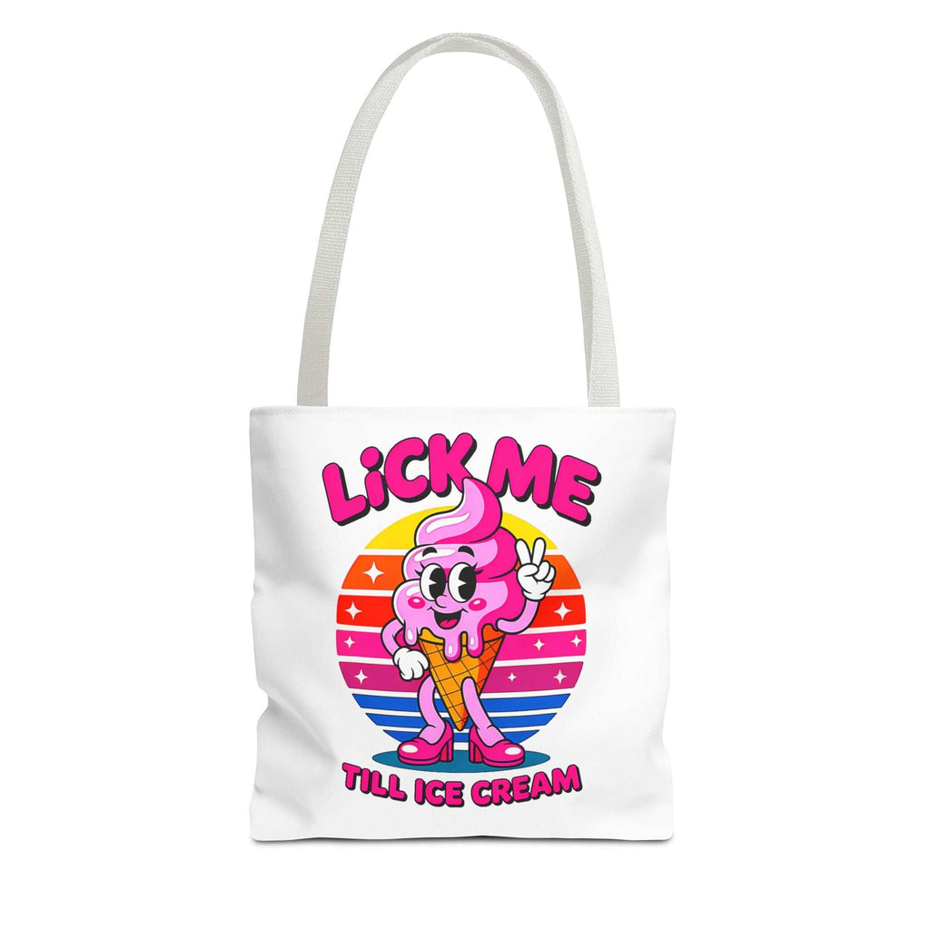Lick Me Till Ice Cream Tote Bag with cheeky design, durable polyester, multiple sizes and handle colors