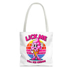 Lick Me Till Ice Cream Tote Bag with cheeky design, durable polyester, multiple sizes and handle colors
