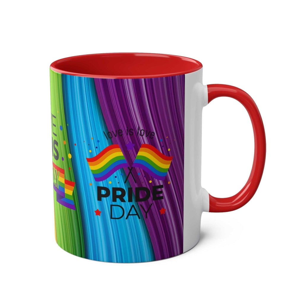 LGBTQ+ Pride Mug with vibrant rainbow design, ceramic, glossy finish, 11oz, microwave and dishwasher safe.