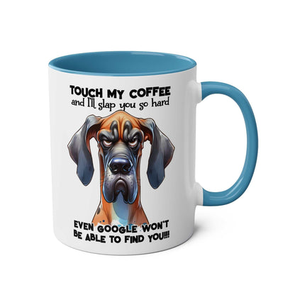 Dog-themed "Touch My Coffee Mug" with humorous text and blue handle, 11oz ceramic, glossy finish, microwave and dishwasher safe.