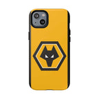 Wolves FC MagSafe iPhone case in gold and black with wolf crest, dual-layer protection, and MagSafe compatibility