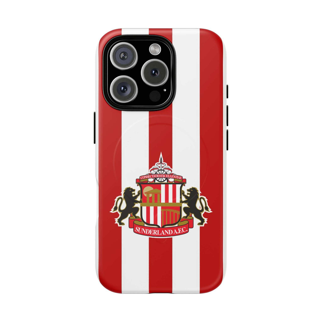 Sunderland FC MagSafe iPhone case with red and white colors and club-inspired crest, dual-layer protection, and wireless charging compatible