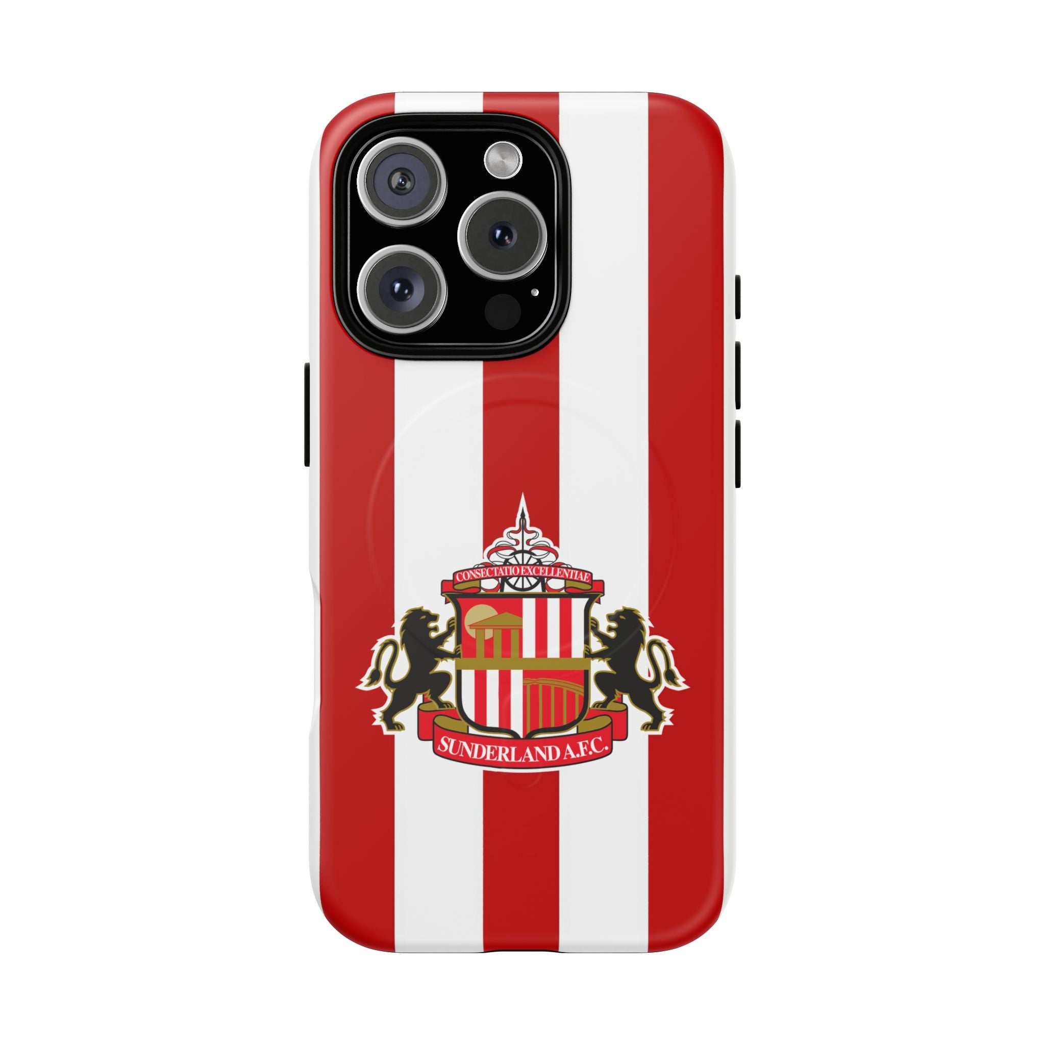 Sunderland FC MagSafe iPhone case with red and white colors and club-inspired crest, dual-layer protection, and wireless charging compatible