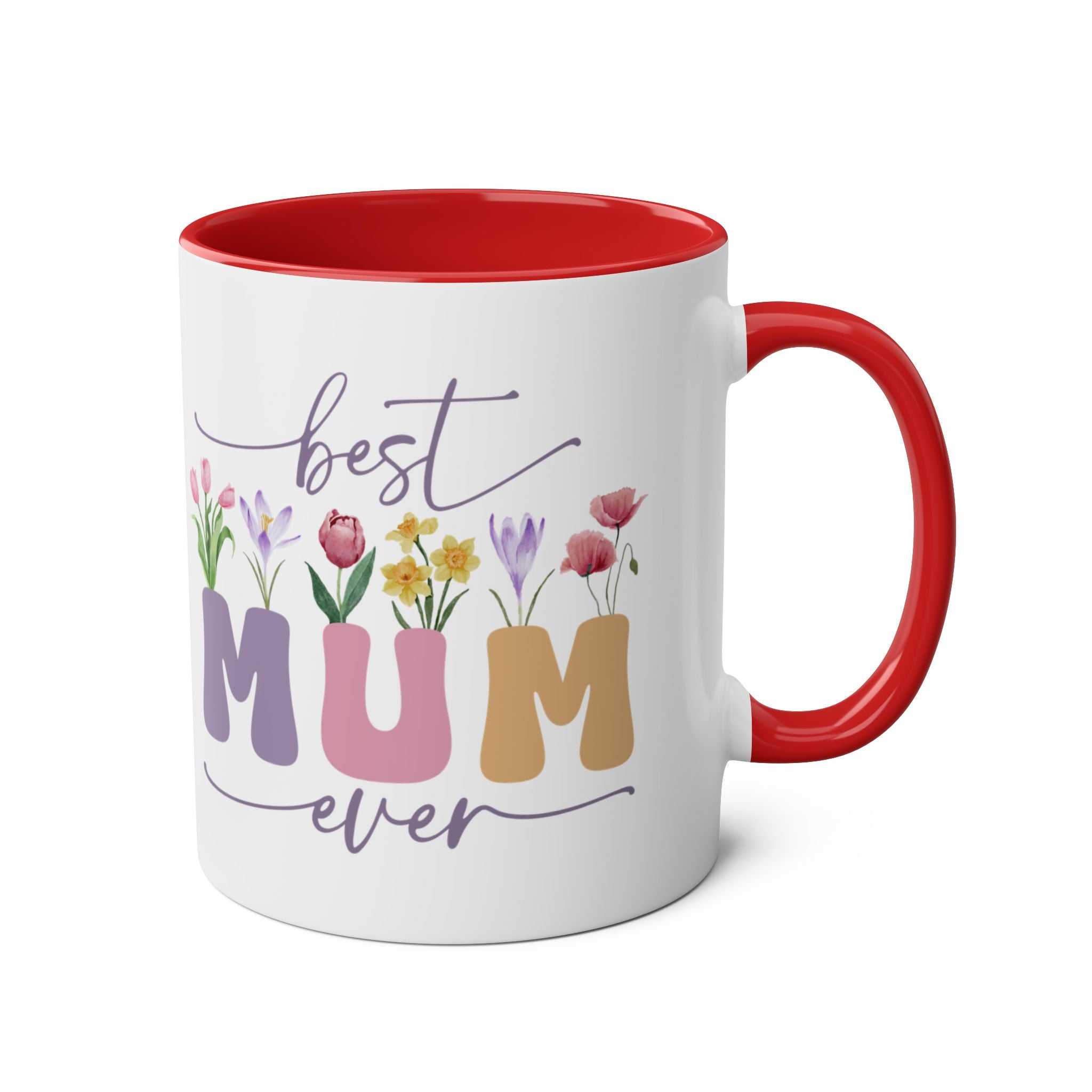 Best Mum Ever Mother's Day gift mug with floral design and red handle.