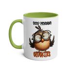 Funny Morning Cluckers Coffee Mug with owl graphic, 11oz ceramic, glossy finish, microwave and dishwasher safe.
