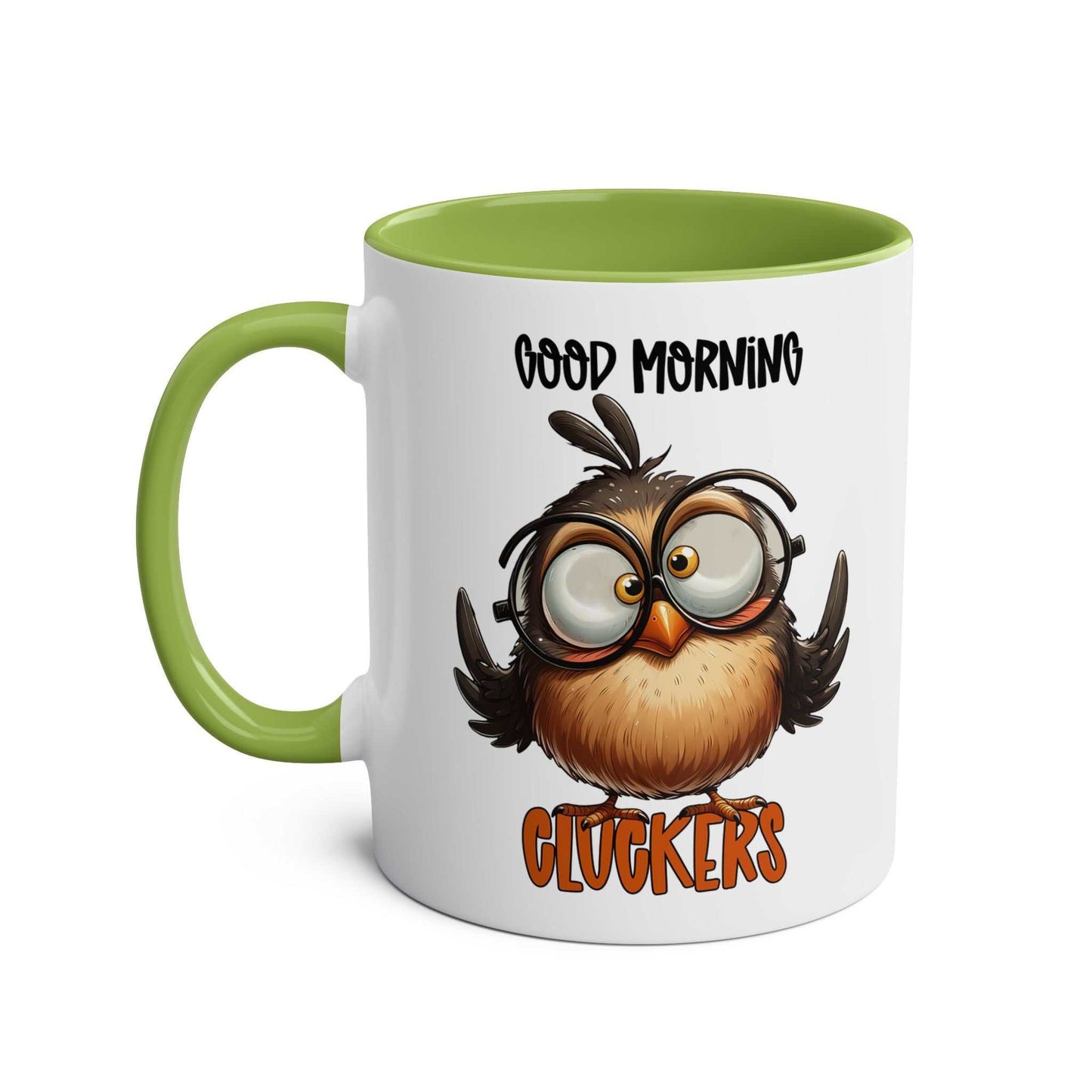 Funny Morning Cluckers Coffee Mug with owl graphic, 11oz ceramic, glossy finish, microwave and dishwasher safe.