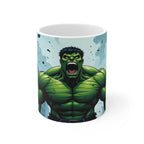 Ceramic coffee mug featuring vibrant Hulk superhero design with glossy finish, microwave and dishwasher safe.