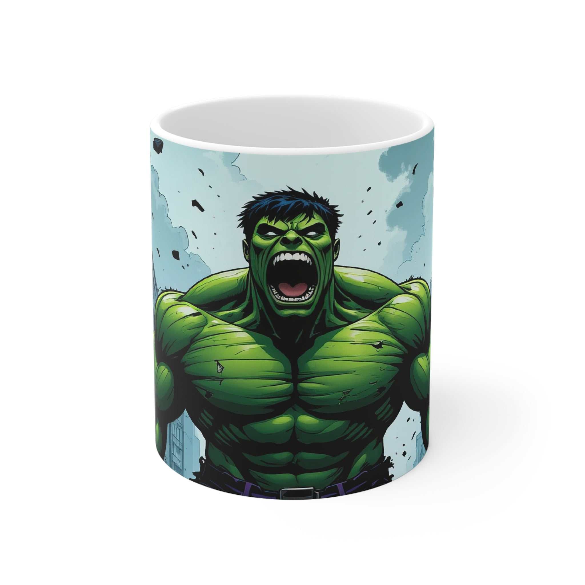 Ceramic coffee mug featuring vibrant Hulk superhero design with glossy finish, microwave and dishwasher safe.