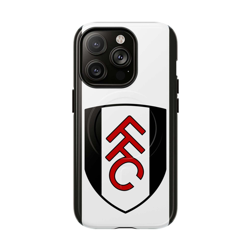 Fulham FC MagSafe iPhone case in black and white with club-inspired crest, durable dual-layer protection and wireless charging compatible