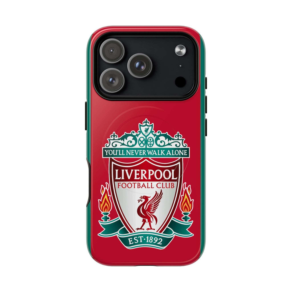 Liverpool FC MagSafe iPhone case with official-inspired crest and red color, shock-absorbing dual layer protection, MagSafe compatible.
