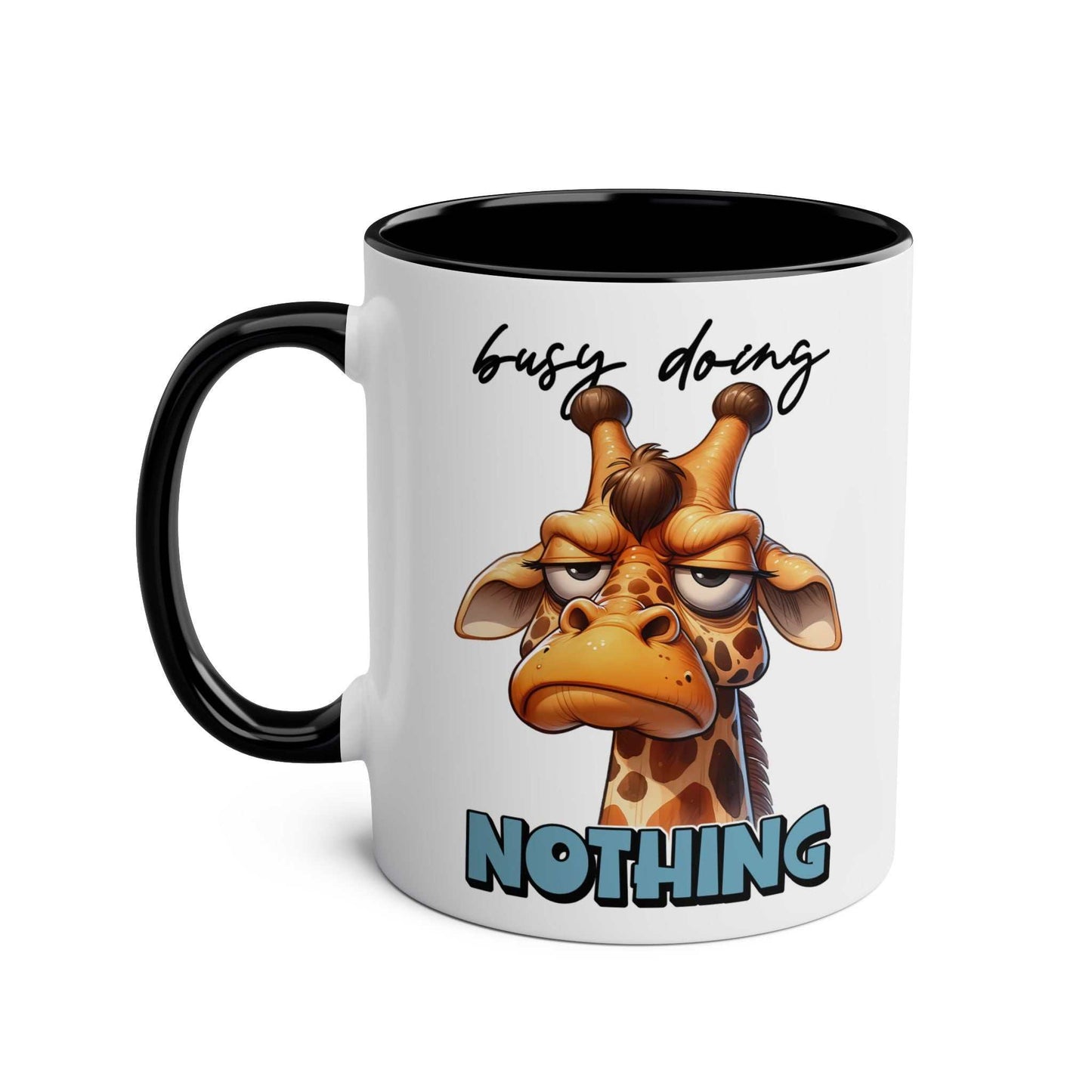 Funny giraffe coffee mug with "busy doing nothing" text, quirky design.