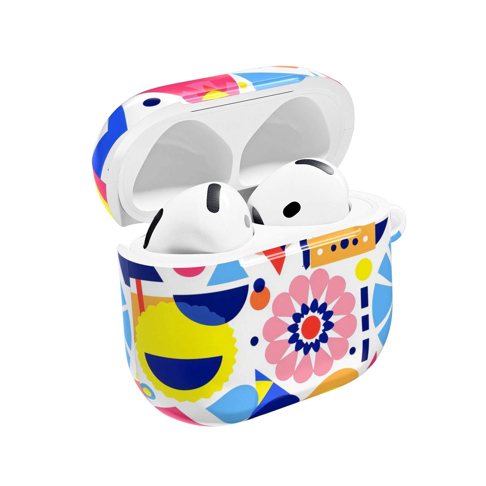 Bright geometric print protective hard shell case for AirPods and AirPods Pro with vibrant colors and glossy finish