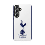 Tottenham FC Samsung phone case with white and navy colors, dual-layer protection, and wireless charging compatible magnetic case