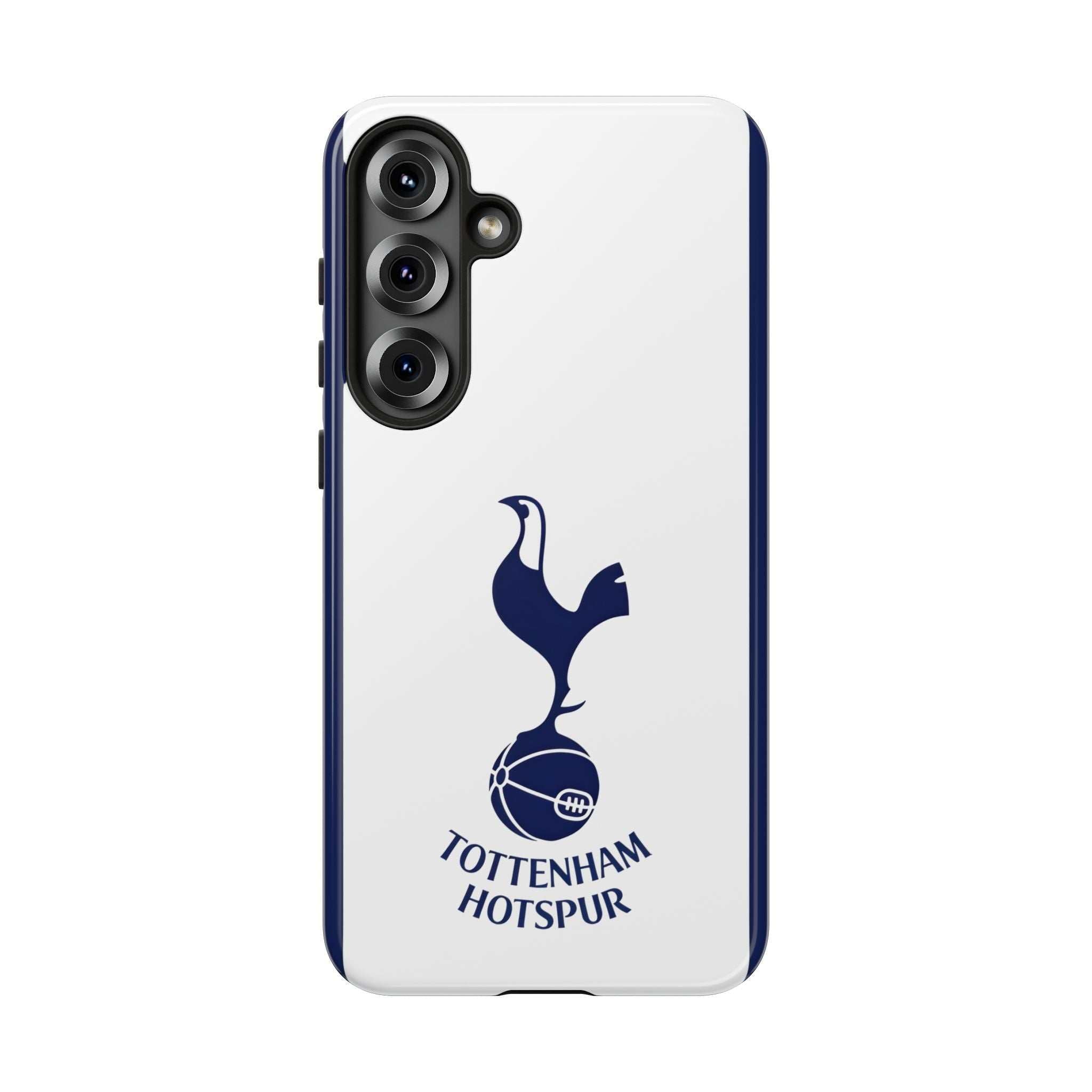 Tottenham FC Samsung phone case with white and navy colors, dual-layer protection, and wireless charging compatible magnetic case