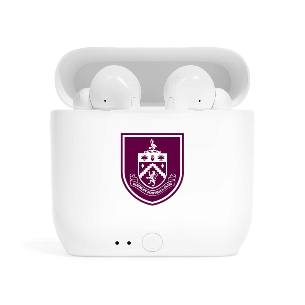 White Burnley Fc wireless earbuds with charging case featuring fan-inspired club crest design