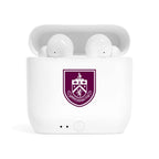 White Burnley Fc wireless earbuds with charging case featuring fan-inspired club crest design