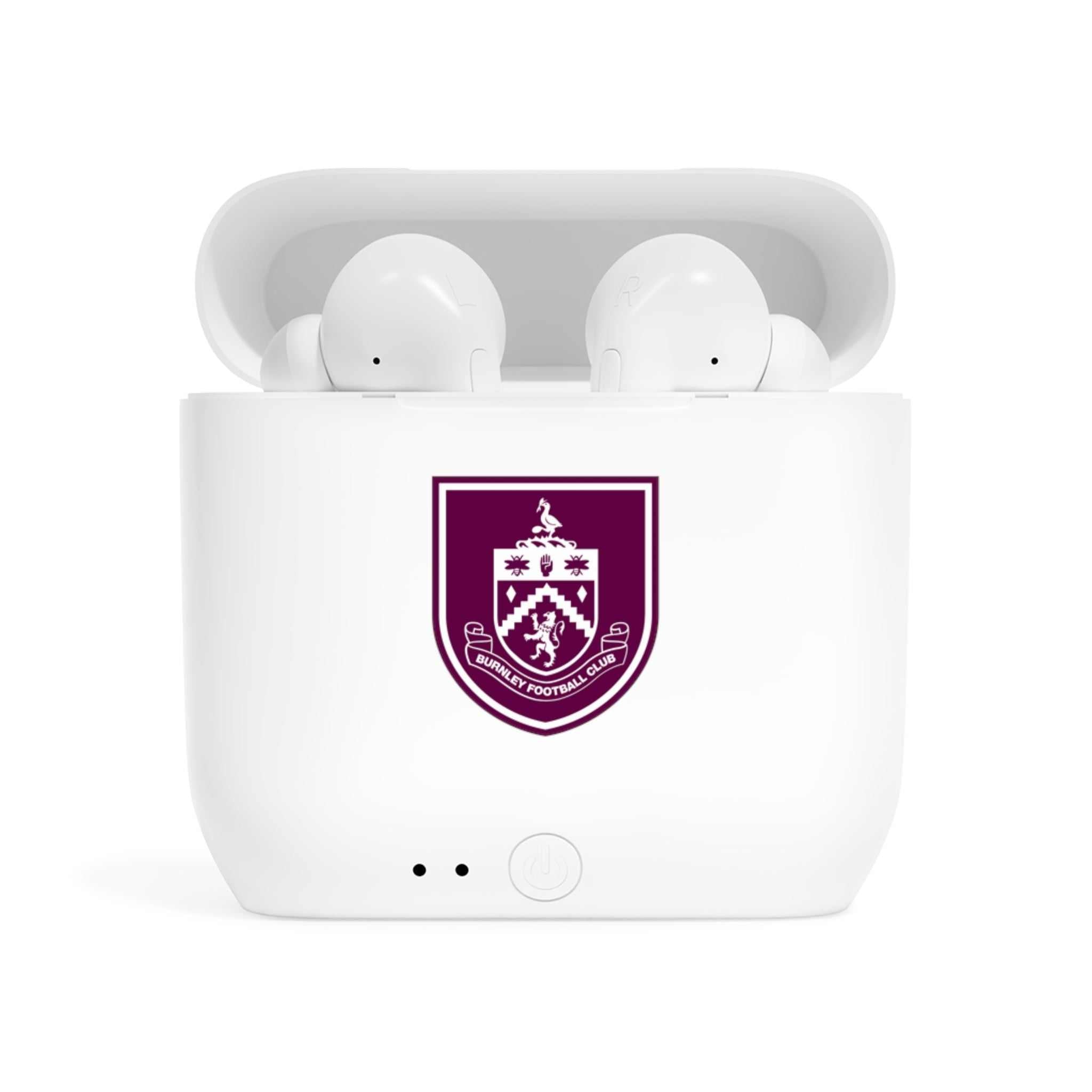 White Burnley Fc wireless earbuds with charging case featuring fan-inspired club crest design