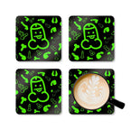 Green Willies Coaster Set with playful designs and cork backing.