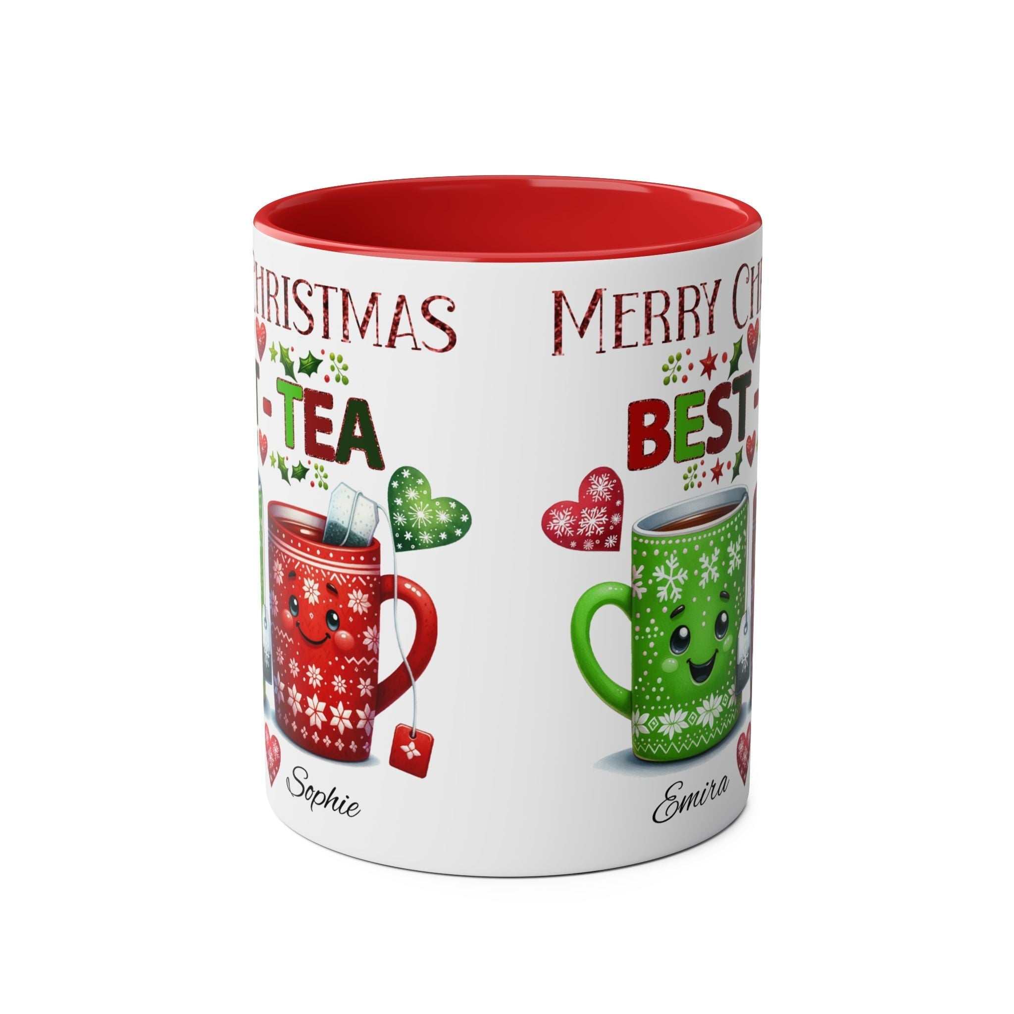 Personalised Bestie Christmas Mug with cute holiday design and names, 11oz ceramic, microwave safe.