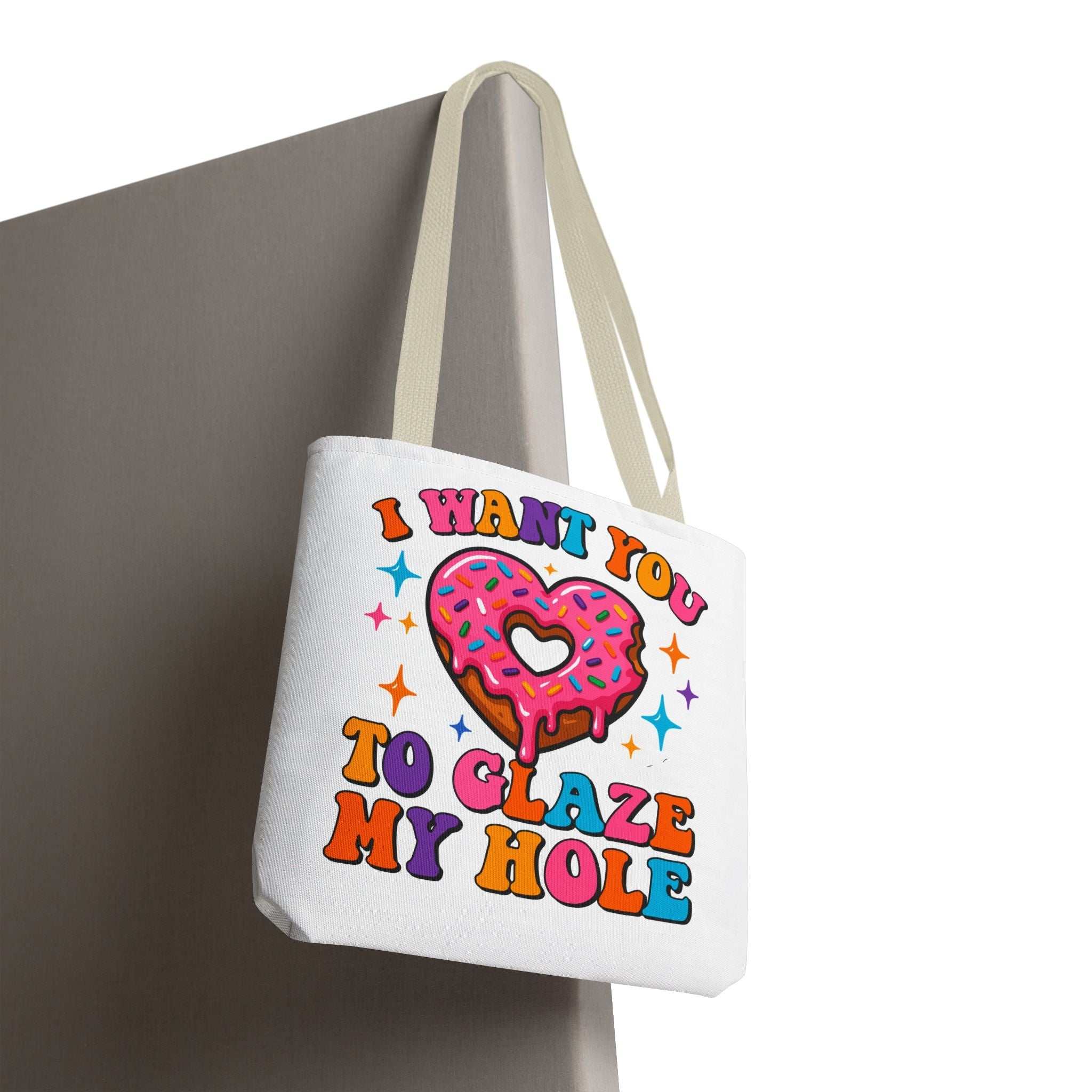 Glaze My Hole Donut Tote Bag with cheeky donut design and durable straps
