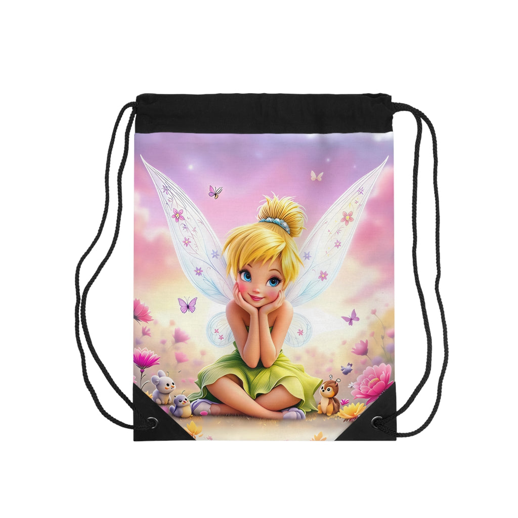 Tinkerbell drawstring bag with colorful fairy design, lightweight polyester, drawstring closure, and spacious interior for kids and Disney fans