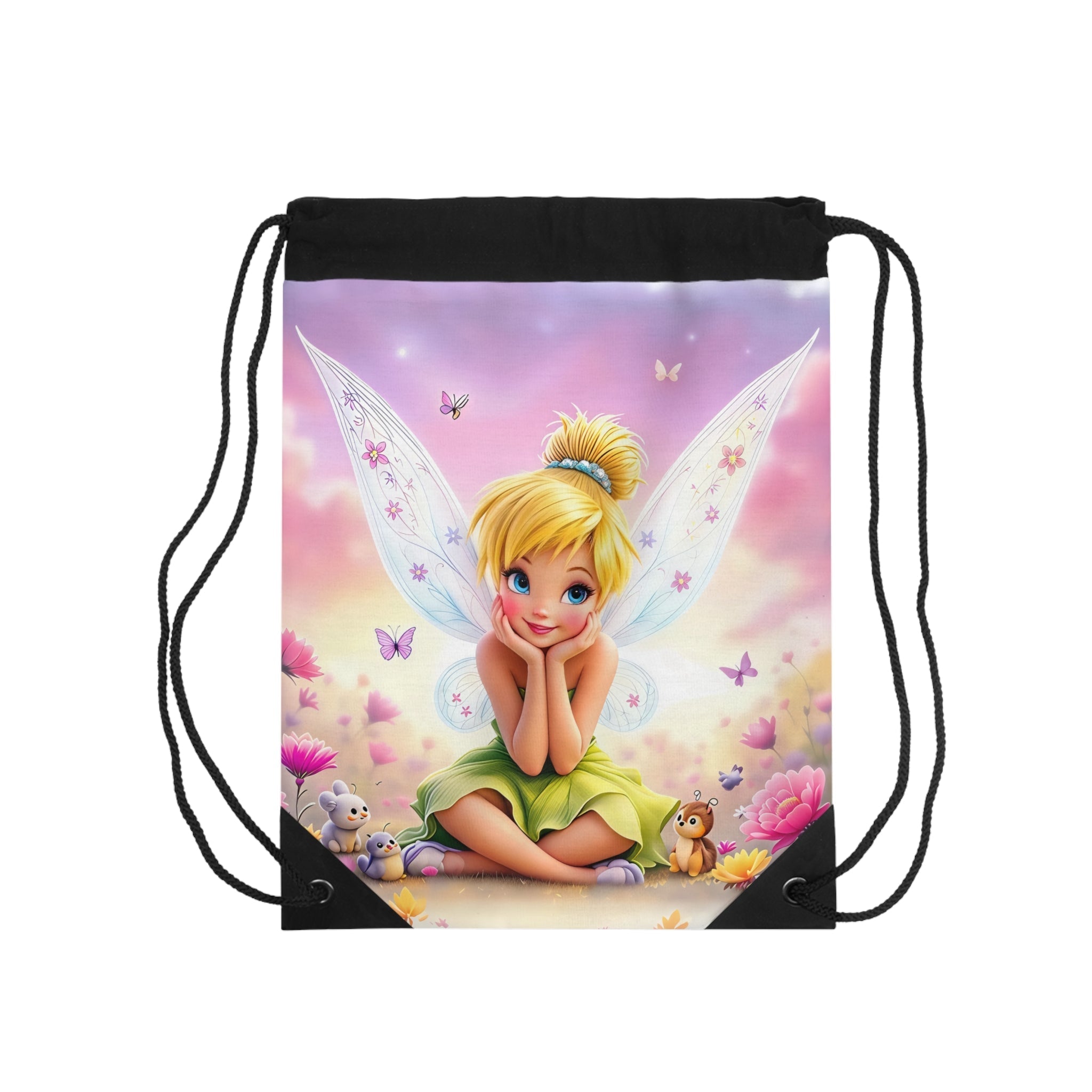 Tinkerbell drawstring bag with colorful fairy design, lightweight polyester, drawstring closure, and spacious interior for kids and Disney fans