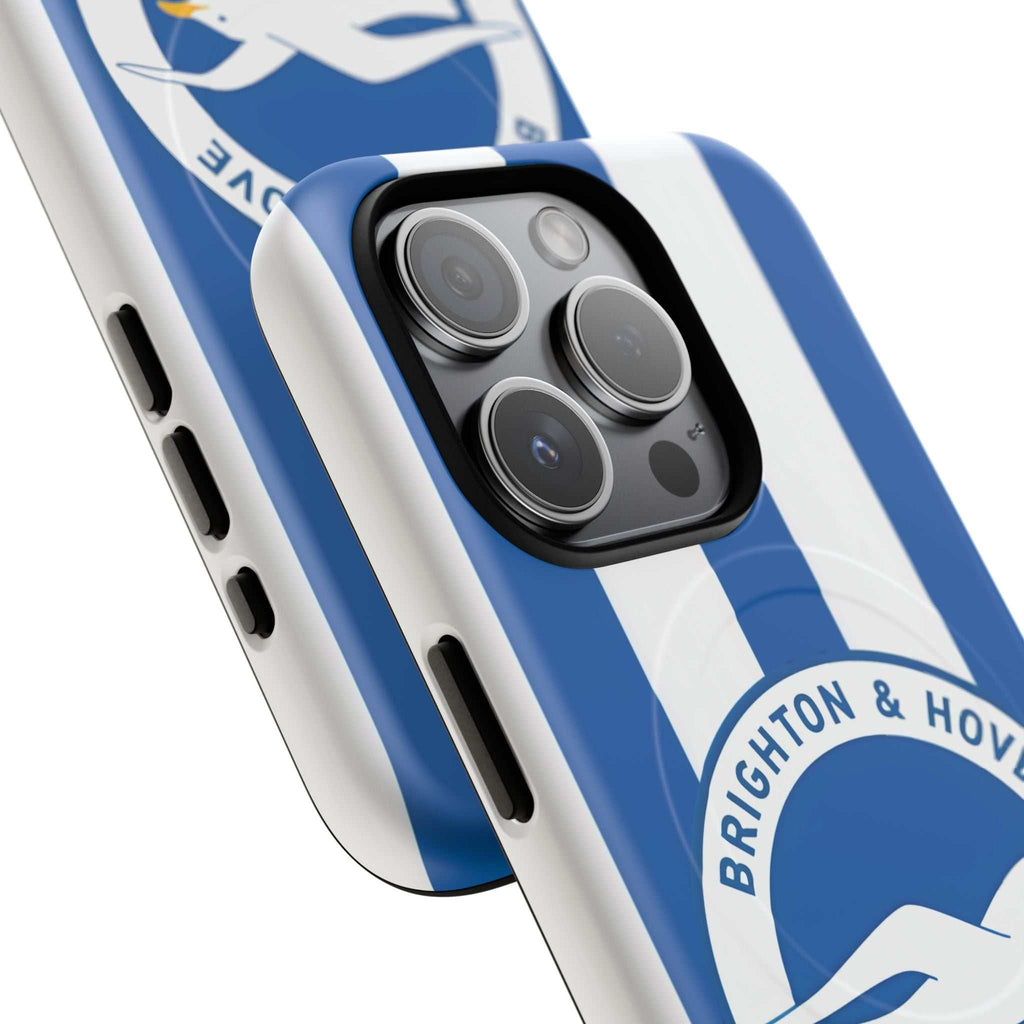 Brighton FC MagSafe iPhone case with blue and white stripes, official-inspired crest, dual-layer protection, and MagSafe compatibility