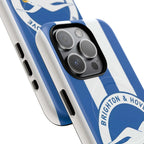 Brighton FC MagSafe iPhone case with blue and white stripes, official-inspired crest, dual-layer protection, and MagSafe compatibility